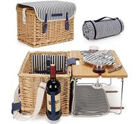 Wicker Picnic Basket for 2, 2 Person Picnic Set, Willow Hamper Service Gift Set with Bamboo Wine Table with Metal Legs for Camping and Outdoor Party