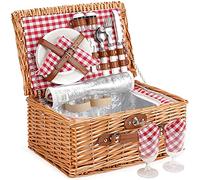 Wicker Picnic Basket for 2, Willow Hamper Basket Sets with Insulated Compartment, Handmade 2 Person Picnic Basket with Utensils Cutlery Perfect for Picnic, Camping (Red)