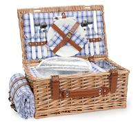 Wicker Picnic Basket Set for 2 Persons with Waterproof Picnic Blanket and Large Insulated Cooler Compartment, Willow Picnic Hamper Basket with Cutlery Service Kits for Camping, Wedding (Blue)