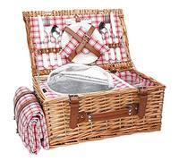 Wicker Picnic Basket Set for 2 Persons with Waterproof Picnic Blanket and Large Insulated Cooler Compartment, Willow Picnic Hamper Basket with Cutlery Service Kits for Camping, Wedding (Red)