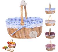 Wicker Picnic Basket with Handle, Woven Willow Storage Baskets for Outdoor Parties and Picnics, Small Wicker Baskets with Handle for Gifts and Home Decor, Little Red Riding Hood Style Basket (blue)