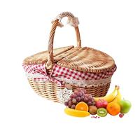 Wicker Picnic Basket with Lid and Handle, Woven Picnic Basket Handmade Candy Basket Easter Eggs Storage Hamper Wine Basket, Natural Willow Hamper Empty Basket for Picnic Camping Hiking Wedding Flower