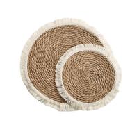 Wicker Placemat 2PCS Tassel Straw Woven Placemats Thick Mat Bushel Cup Coaster Knitting Table Plate for Wedding Dinning Decor(Color A,2PCS 38cm)