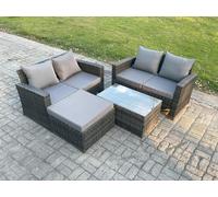 Wicker Rattan Garden Furniture Sofa Set with Coffee Table Double Seat Sofa Big Footstool 5 Seater Outdoor Rattan Set Fimous Dark Grey One Size