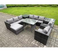 Fimous Wicker Rattan Outdoor Furniture Lounge Sofa Garden Dining Set with Dining Table 2 Side Tables Big Footstool Armchairs 9 Seater Dark Grey Mixed