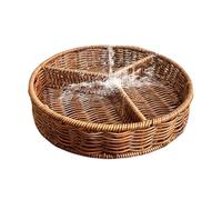 Wicker Serving Tray - 3 Section Round Organizer for Fruit and Supplies, Rustic Grid Dish with Handwoven Detail, Snack Basket Plate for Home, Café, Table, Garden, Event
