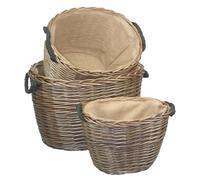 Wicker Set 3 Oval Hessian Lined Log Baskets Red Hamper Brown One Size