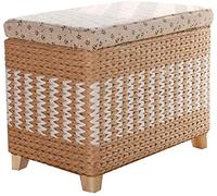 Wicker Storage Basket Ottoman Trunk, Solid Wood Structure, Multifunctional Rattan Footstool for Living Room, 80x30x40cm