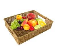 Wicker Storage Basket,Rectangle Handmade Plastic Rattan Tray with Handles Large Capacity Wicker Japanese Style Storage Basket for Table Decor, Coffee, Bread, Fruits, Snacks