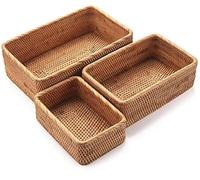 Wicker Storage Basket, Rectangular Rattan Fruit Baskets, Natural Woven Serving Basket and Organizer for Shelf (Set of 3)