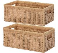 Wicker Storage Basket with Handle, Set of 2 Handwoven Storage Basket for Shelves, Wicker Organizer Basket, Toilet Paper Basket, Small Shelf Organiser Hamper Toy Gift for Bathroom (Natural, 35x18x12cm)