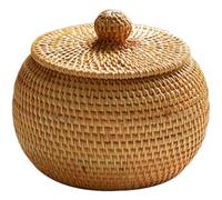 Wicker Storage Basket with Lid Round Fruit Basket Handwoven Rattan Basket Desk Gadget Storage Basket Sundries Snack Box for Home