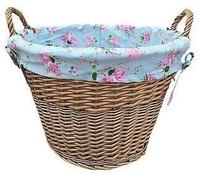Wicker Storage Basket with Rose Design Lining, Carry Handles, 45 x 30 cm, Antique Wash