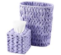 Wicker Trash Can & Square Tissue Box, Handwoven Waterproof Waste Basket with Handles, Wicker Home Set for Bedroom, Bathroom, Kitchen, Office, Balcony (Light Purple)