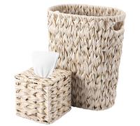 Wicker Trash Can & Square Tissue Box, Handwoven Waterproof Waste Basket with Handles, Wicker Home Set for Bedroom, Bathroom, Kitchen, Office, Balcony (Cream White)