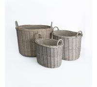 Wickerfield Grey Wash Wicker Storage Basket, Wicker Log Baskets with Handle & Lining, Willow Storage Basket for Laundry Toys Blankets Logs (Oval, Set(S+M+L))