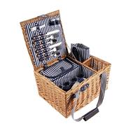 Wickerfield Picnic Basket for 2/4 People, Insulated Small Wicker Picnic Baskets with Lid, Cooler Compartment, Wicker Basket Picnic Hamper Set 2 Person / 4 Person (4 People, Navy, Carry-on Handle)