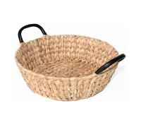 Wickerfield Water Hyacinth Storage Basket for Shelves Wicker Gift Hamper with Black Handle Small Home Office Bathroom Organizer (Round, Medium)