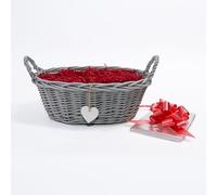 Wickerfield Woven Wicker Basket with Handle, Gift Hamper Kit with Shredded Pape, Empty Hamper Basket for Baby, Christmas, Retail Display (Grey Basket, Red Filling)