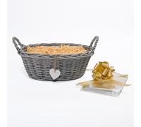 Wickerfield Woven Wicker Basket with Handle, Gift Hamper Kit with Shredded Pape, Empty Hamper Basket for Baby, Christmas, Retail Display (Grey Basket, Beige Filling)