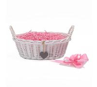 Wickerfield Woven Wicker Basket with Handle, Gift Hamper Kit with Shredded Pape, Empty Hamper Basket for Baby, Christmas, Retail Display (White Basket, Pink Filling)