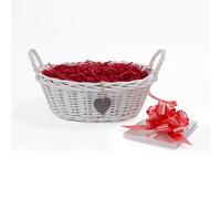 Wickerfield Woven Wicker Basket with Handle, Gift Hamper Kit with Shredded Pape, Empty Hamper Basket for Baby, Christmas, Retail Display (White Basket, Red Filling)