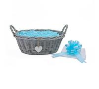 Wickerfield Woven Wicker Basket with Handle, Gift Hamper Kit with Shredded Pape, Empty Hamper Basket for Baby, Christmas, Retail Display (Grey Basket, Blue Filling)