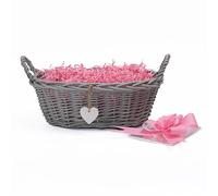 Wickerfield Woven Wicker Basket with Handle, Gift Hamper Kit with Shredded Pape, Empty Hamper Basket for Baby, Christmas, Retail Display (Grey Basket, Pink Filling)