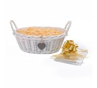 Wickerfield Woven Wicker Basket with Handle, Gift Hamper Kit with Shredded Pape, Empty Hamper Basket for Baby, Christmas, Retail Display (White Basket, Beige Filling)