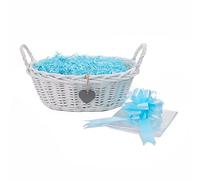 Wickerfield Woven Wicker Basket with Handle, Gift Hamper Kit with Shredded Pape, Empty Hamper Basket for Baby, Christmas, Retail Display (White Basket, Blue Filling)