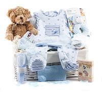 Wickers Gift Baskets | Just for Baby Deluxe Hamper for Boys | Includes Teddy Bear, Baby Outfit, Blue Muslin Wrap, Hooded Towel & Keepsake Gifts | Perfect Newborn Baby Boy Gift Set