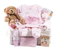 Wickers Gift Baskets | Just for Baby Deluxe Hamper for Girls | Includes Teddy Bear, Baby Outfit, Pink Muslin Wrap, Hooded Towel & Keepsake Gifts | Perfect Newborn Baby Girl Gift Set