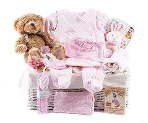 Wickers Gift Baskets | Just for Baby Deluxe Hamper for Girls | Includes Teddy Bear, Baby Outfit, Pink Muslin Wrap, Hooded Towel & Keepsake Gifts | Perfect Newborn Baby Girl Gift Set