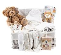 Wickers Gift Baskets | Just for Baby Deluxe Hamper Neutral | Includes Teddy Bear, Baby Outfit, White Muslin Wrap, Hooded Towel & Keepsake Gifts | Perfect Newborn Baby Girls Gift Set