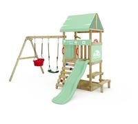 Wickey Climbing Frame DinkyHouse with picnic table - pastel green slide & tarp - Children's playground for the garden made from solid wood - 334x317x247 cm