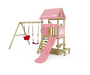 Wickey Climbing Frame DinkyHouse with picnic table - pastel pink slide & tarp - Children's playground for the garden made from solid wood - 334x317x247 cm