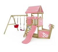 Wickey Climbing Frame DinkyHouse with ship's nose - pastel pink slide & tarp - Children's playground for the garden made from solid wood - 372x317x247 cm