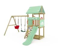 Wickey Climbing Frame DinkyHouse with swing extension - pastel green slide & tarp - Children's playground for the garden made from solid wood - 303x317x247 cm