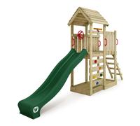 WICKEY Wooden climbing frame JoyFlyer with green slide, Outdoor kids playhouse with wooden roof, sandpit, climbing ladder & play-accessories for the garden