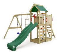 WICKEY Wooden climbing frame MultiFlyer with swing set & green slide, Outdoor kids playhouse with sandpit, climbing ladder & play-accessories for the garden