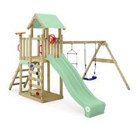 Wickey MultiFlyer Light Climbing Tower, Swing and Slide, Climbing Tower for Kids Outdoor with Sandbox, Ladder and Play Accessories for the Garden - Pastel Green