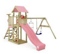 Wickey MultiFlyer Light Play Tower Climbing Frame, Swing & Pastel Pink Slide, Outdoor Children's Climbing Tower with Sandpit, Ladder & Play Accessories for the Garden