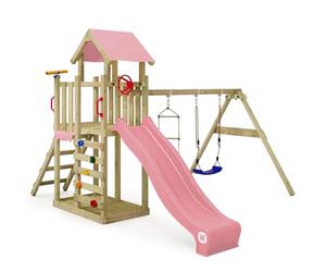 Wickey MultiFlyer Light Play Tower Climbing Frame, Swing & Pastel Pink Slide, Outdoor Children's Climbing Tower with Sandpit, Ladder & Play Accessories for the Garden