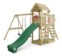 WICKEY MultiFlyer - Wooden climbing frame with swing, wooden roof and slide