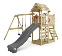 WICKEY MultiFlyer - Wooden climbing frame with swing, wooden roof and slide