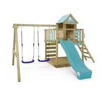 Wickey Play Tower Climbing Smart Cave with Swing and Pastel Blue Slide, Outdoor Climbing Tower for Kids with Sandpit, Ladder and Garden Play Accessories