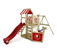 WICKEY Wooden climbing frame SeaFlyer with swing set & red slide, Outdoor kids playhouse with sandpit, climbing ladder & play-accessories for the garden