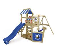WICKEY Wooden climbing frame SeaFlyer with swing set & blue slide, Outdoor kids playhouse with sandpit, climbing ladder & play-accessories for the garden