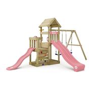 Wickey Skyflyer 120 & 90 Play Tower with Pastel Pink Slide and Pastel Pink Canvas Double Swing Garden Game Device