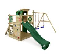 WICKEY Wooden climbing frame Smart Camp with swing set & green slide, Outdoor kids playhouse with sandpit, climbing ladder & play-accessories for the garden
